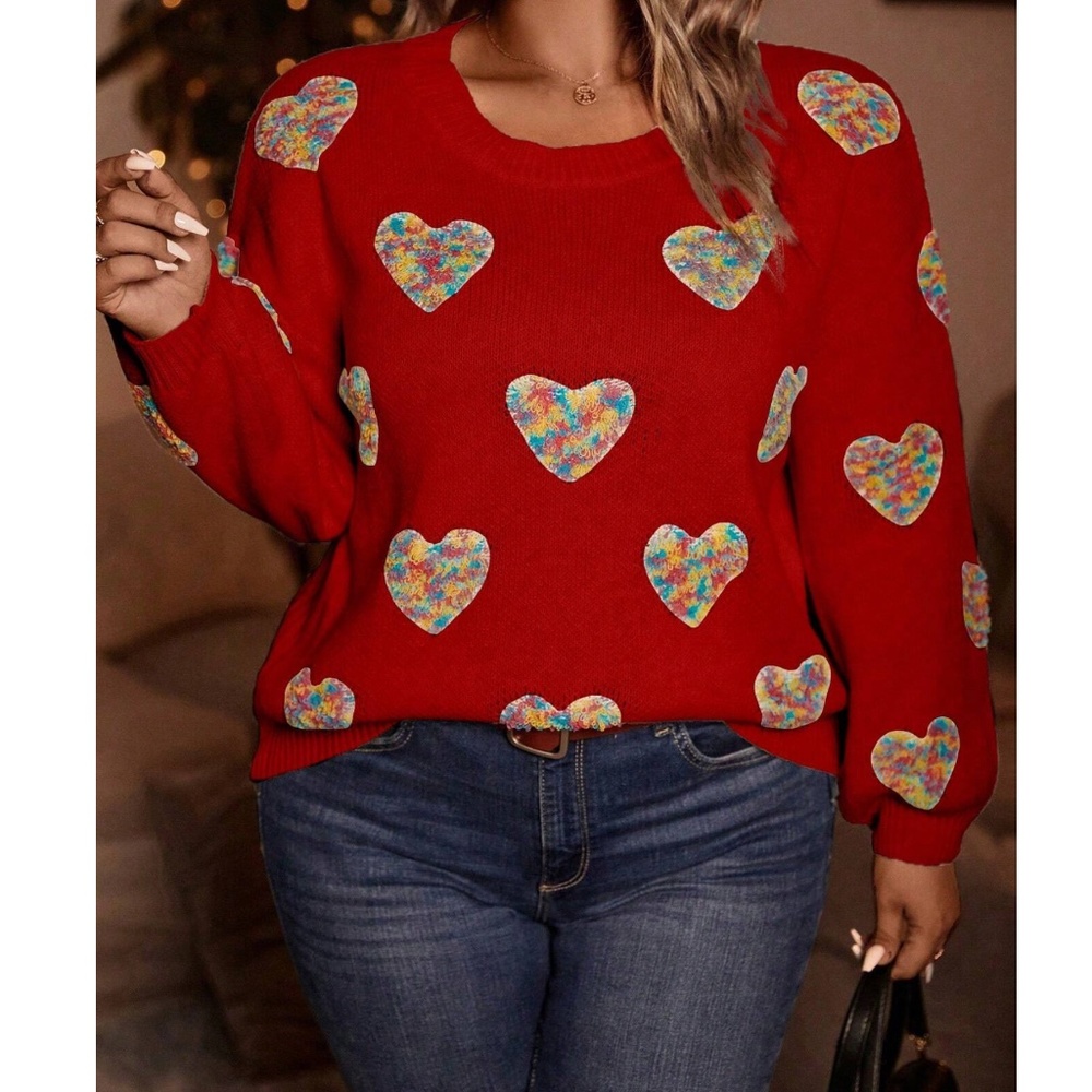 Heart Print Vday Valentine’s Day Knit Sweater Top - Picture 11 of 13